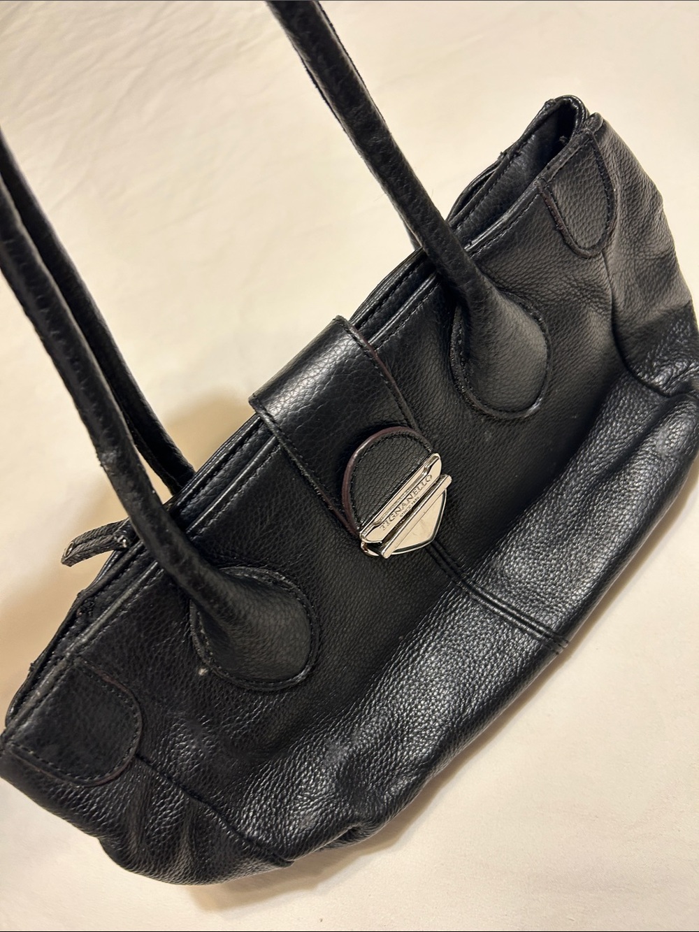 Tignanello Black Pebbled Leather Shoulder Bag with Silver-Tone Turn Lock